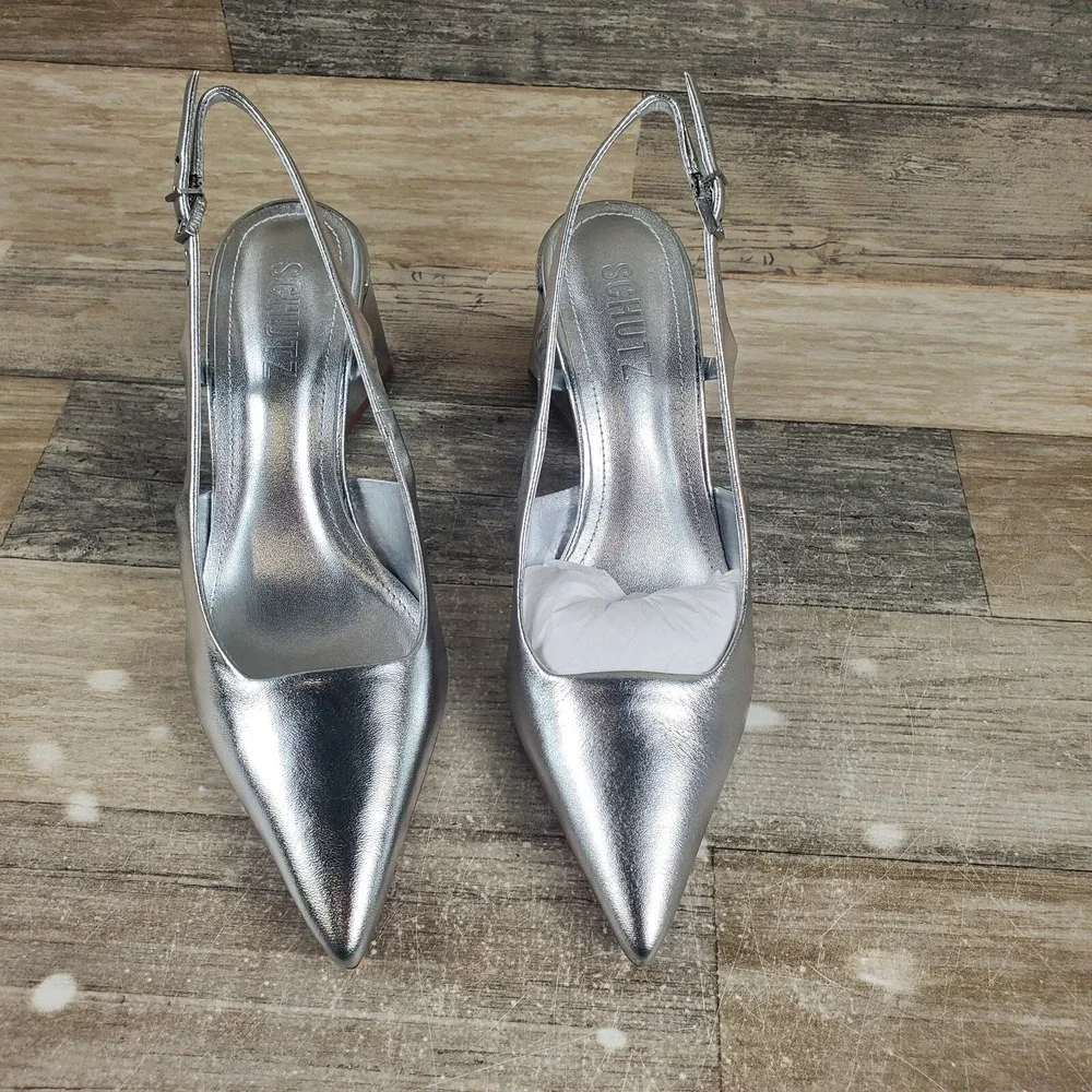 Schutz Blanche Mid Womens Pumps Sz 5 B Block Heel Prata Metallic Slingback Strap